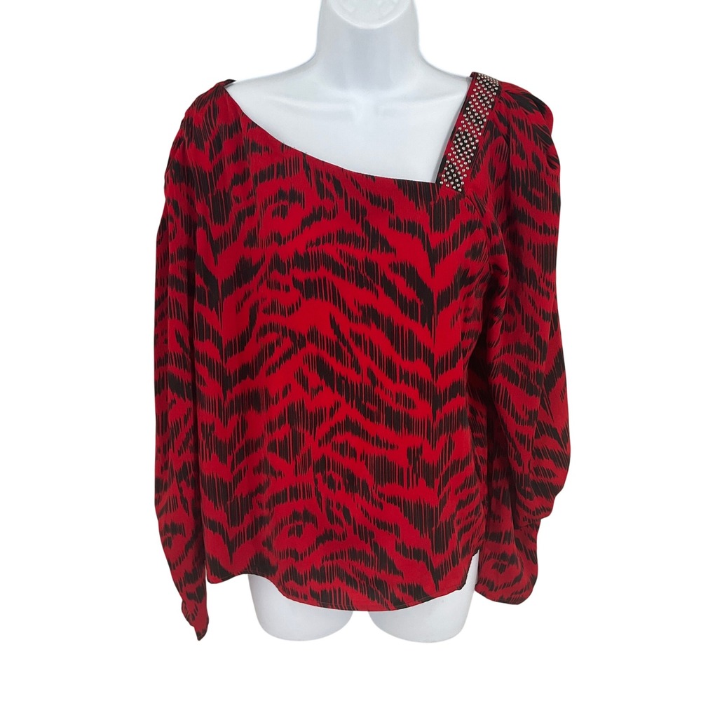 DKNY Blouse Womens Sz M Red Tiger Stripe Studded Asymmetrical‎ Edgy Glam NEW